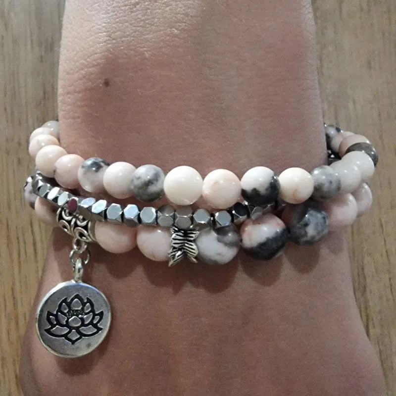 Natural Stone Lotus Triple Stack Bracelet - Boho Pink Zebra Stone