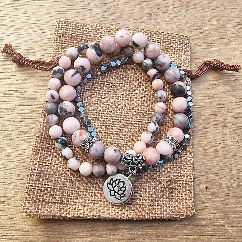 Natural Stone Lotus Triple Stack Bracelet - Boho Pink Zebra Stone