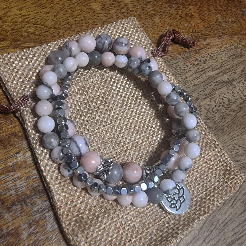 Natural Stone Lotus Triple Stack Bracelet - Boho Pink Zebra Stone