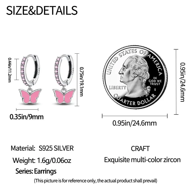 Pink Butterfly Sterling Silver Dangle Hoop Earrings
