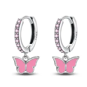 Pink Butterfly Sterling Silver Dangle Hoop Earrings