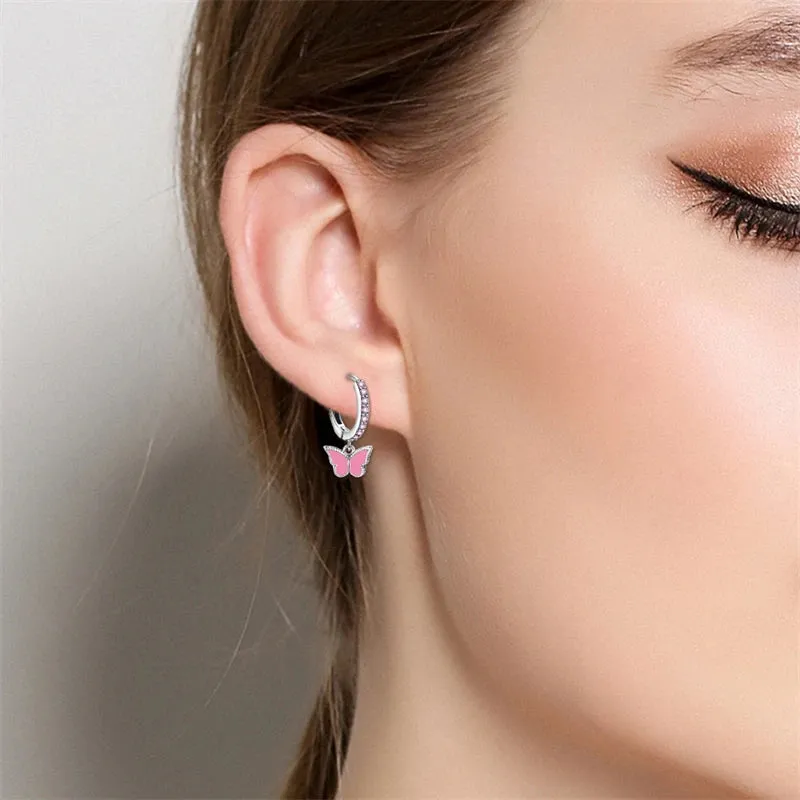 Pink Butterfly Sterling Silver Dangle Hoop Earrings