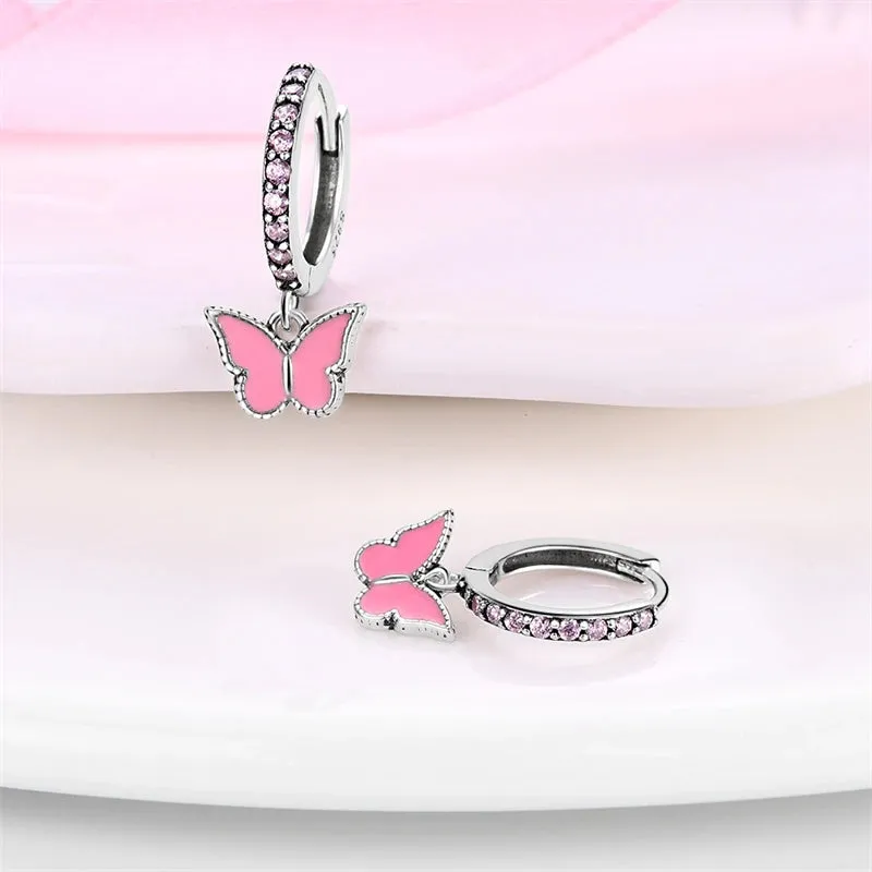 Pink Butterfly Sterling Silver Dangle Hoop Earrings