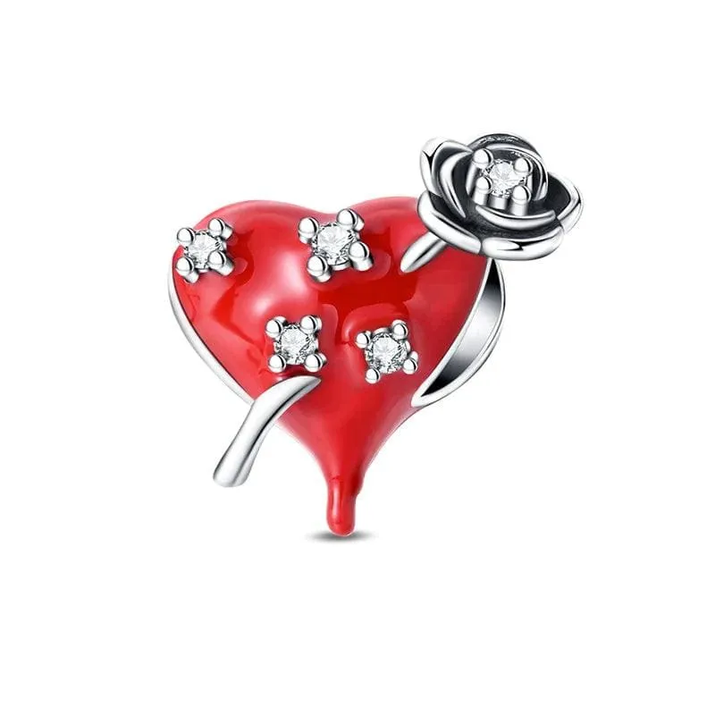 Romantic Red Heart & Rose Charm
