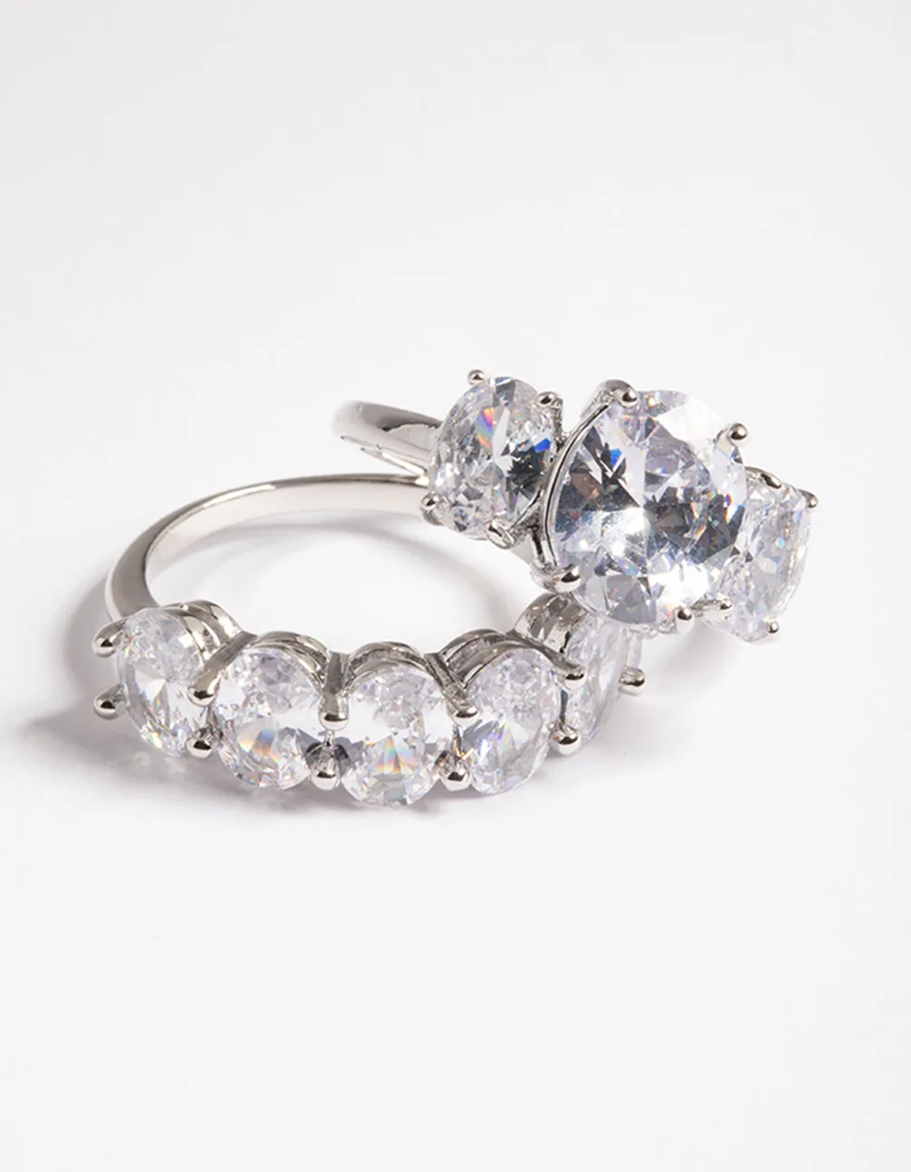 Silver Cubic Zirconia Statement Oval Ring Pack