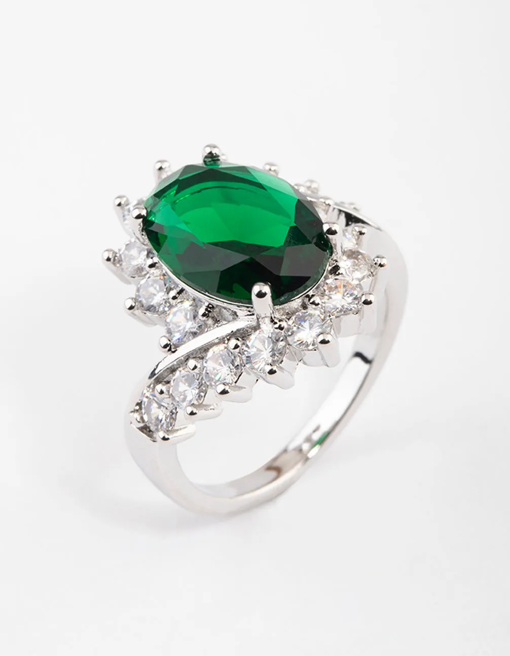 Silver Cubic Zirconia Vintage Green Oval Ring