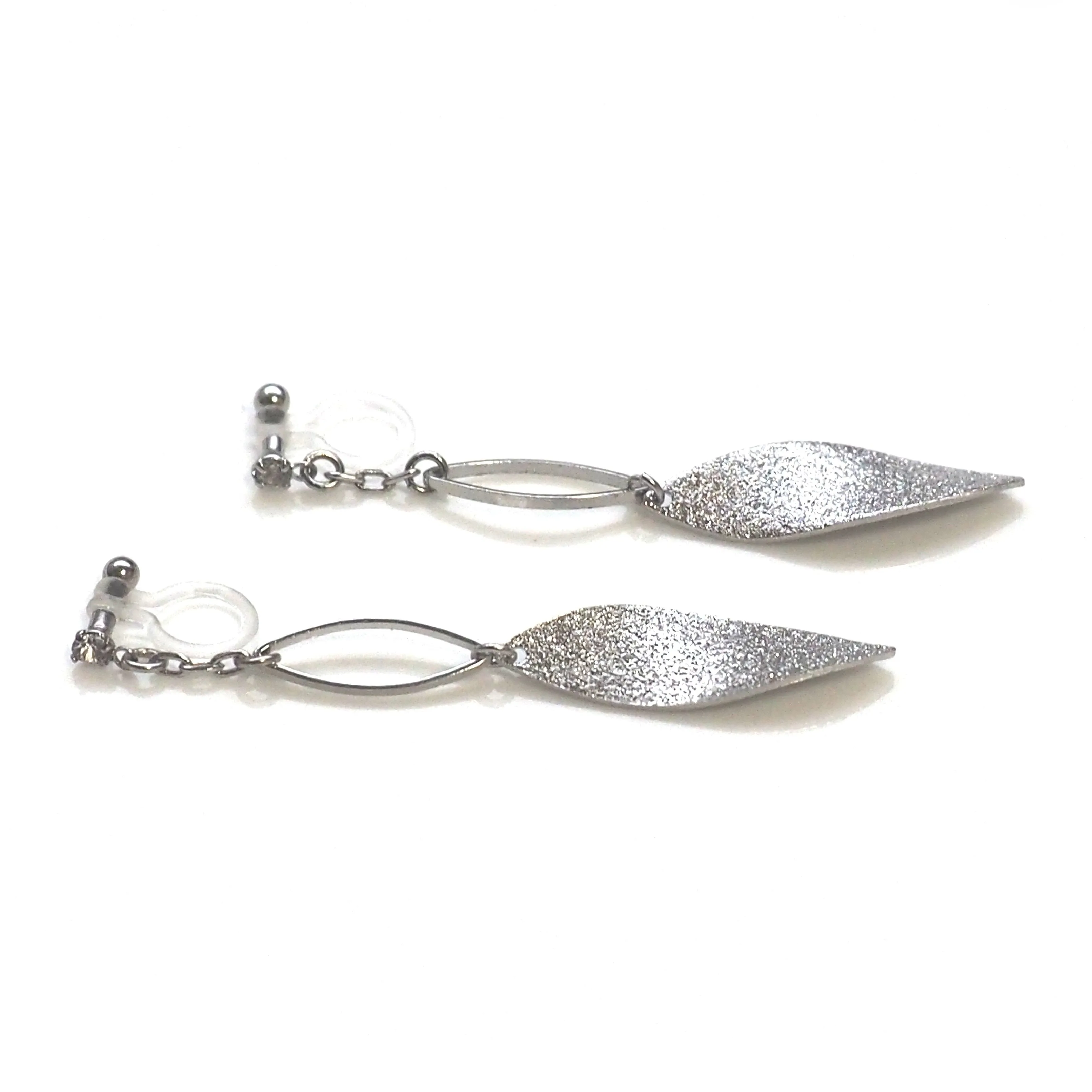 Silver textured metallic leaf invisible clip on earrings