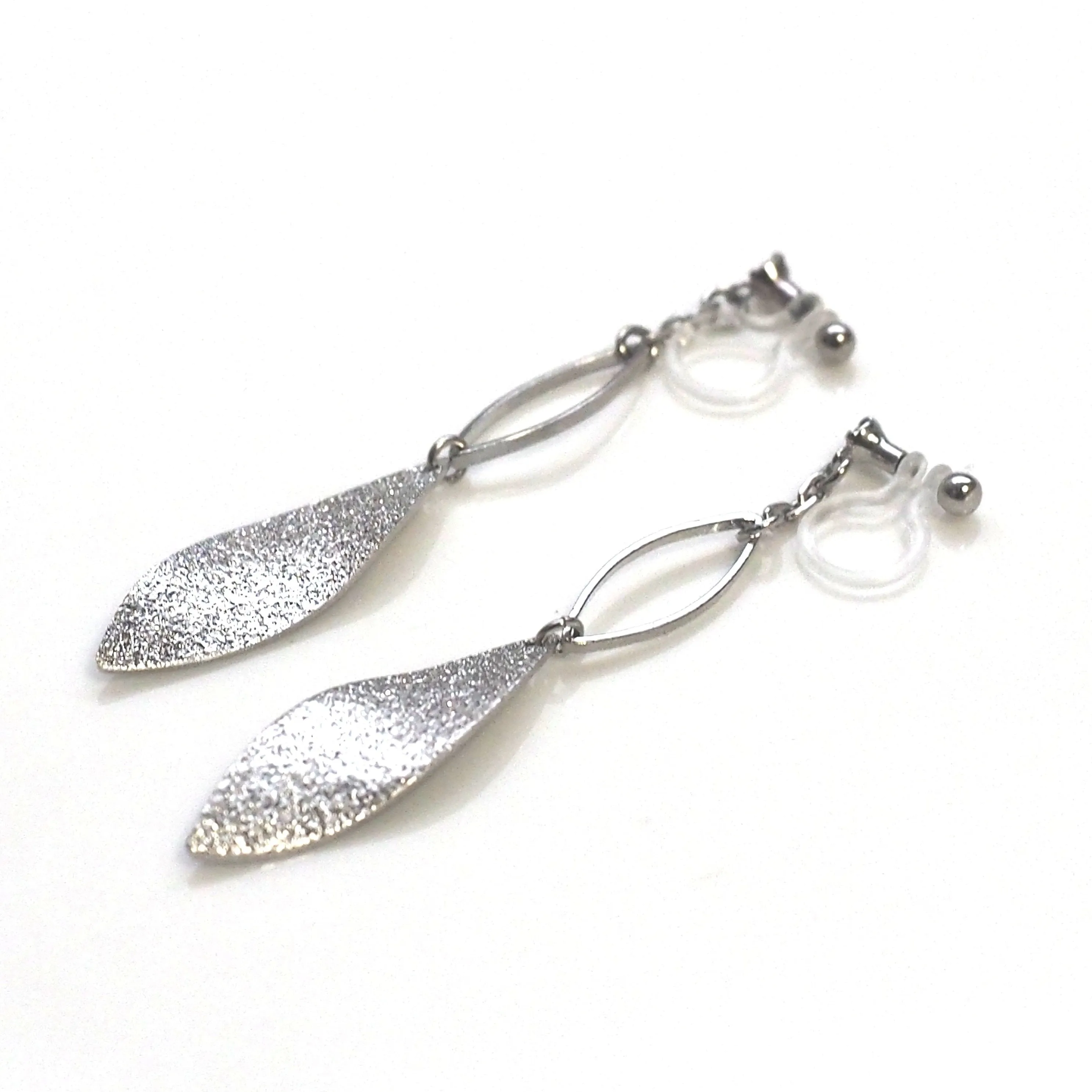 Silver textured metallic leaf invisible clip on earrings