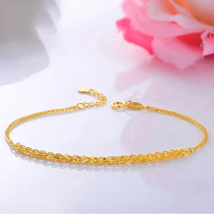 Solid 18K Yellow Gold Bracelet Feather with Wheat Link Bracelet 19.3cm Length