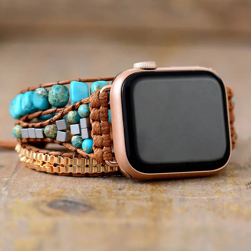Standout Natural Stone Aple Men Women Watch Band Beads Boho 3X Wrap Vegan Rope Watch Strap Wrist Band Bracelet Accessories