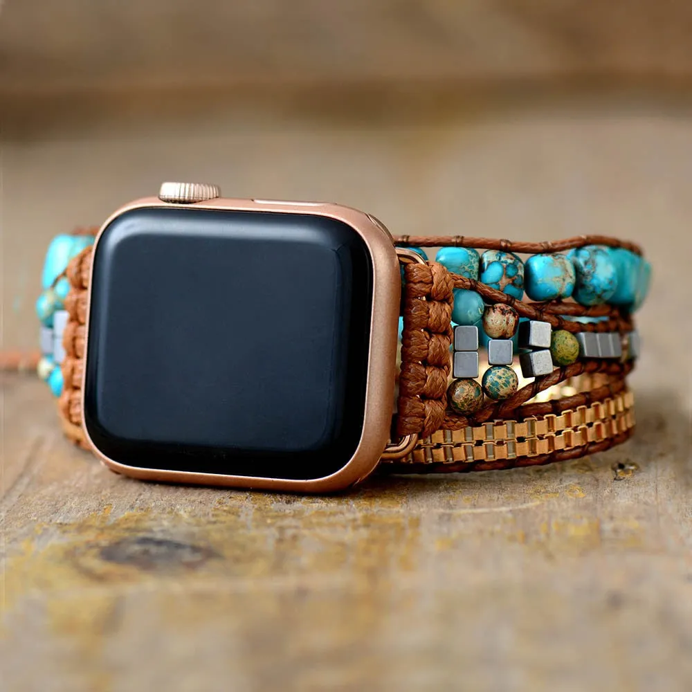 Standout Natural Stone Aple Men Women Watch Band Beads Boho 3X Wrap Vegan Rope Watch Strap Wrist Band Bracelet Accessories
