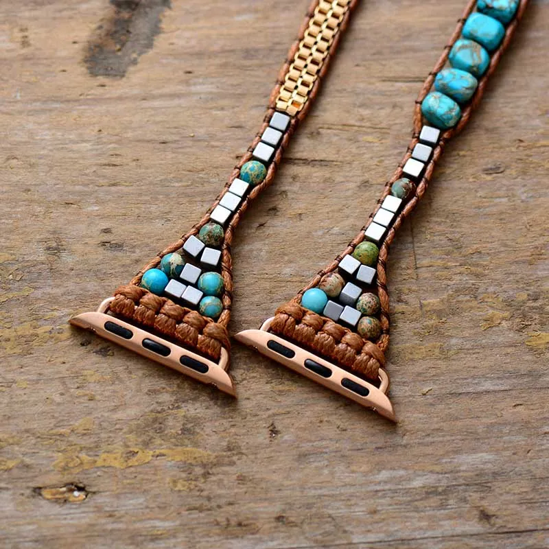 Standout Natural Stone Aple Men Women Watch Band Beads Boho 3X Wrap Vegan Rope Watch Strap Wrist Band Bracelet Accessories