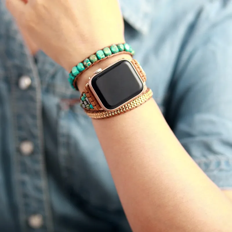 Standout Natural Stone Aple Men Women Watch Band Beads Boho 3X Wrap Vegan Rope Watch Strap Wrist Band Bracelet Accessories