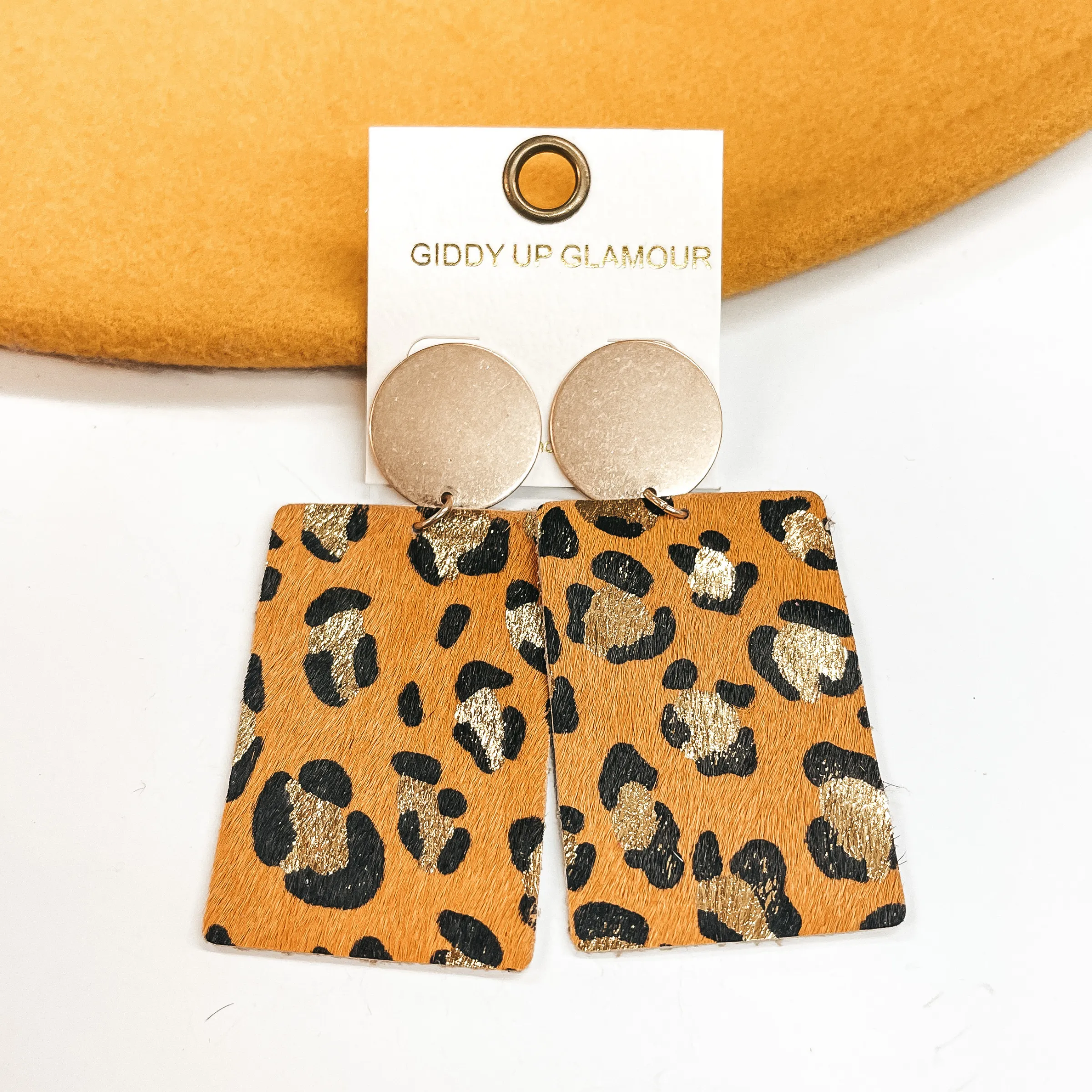 Where the Wild Things Are Leopard Print Rectangle Drop Earrings in Mustard