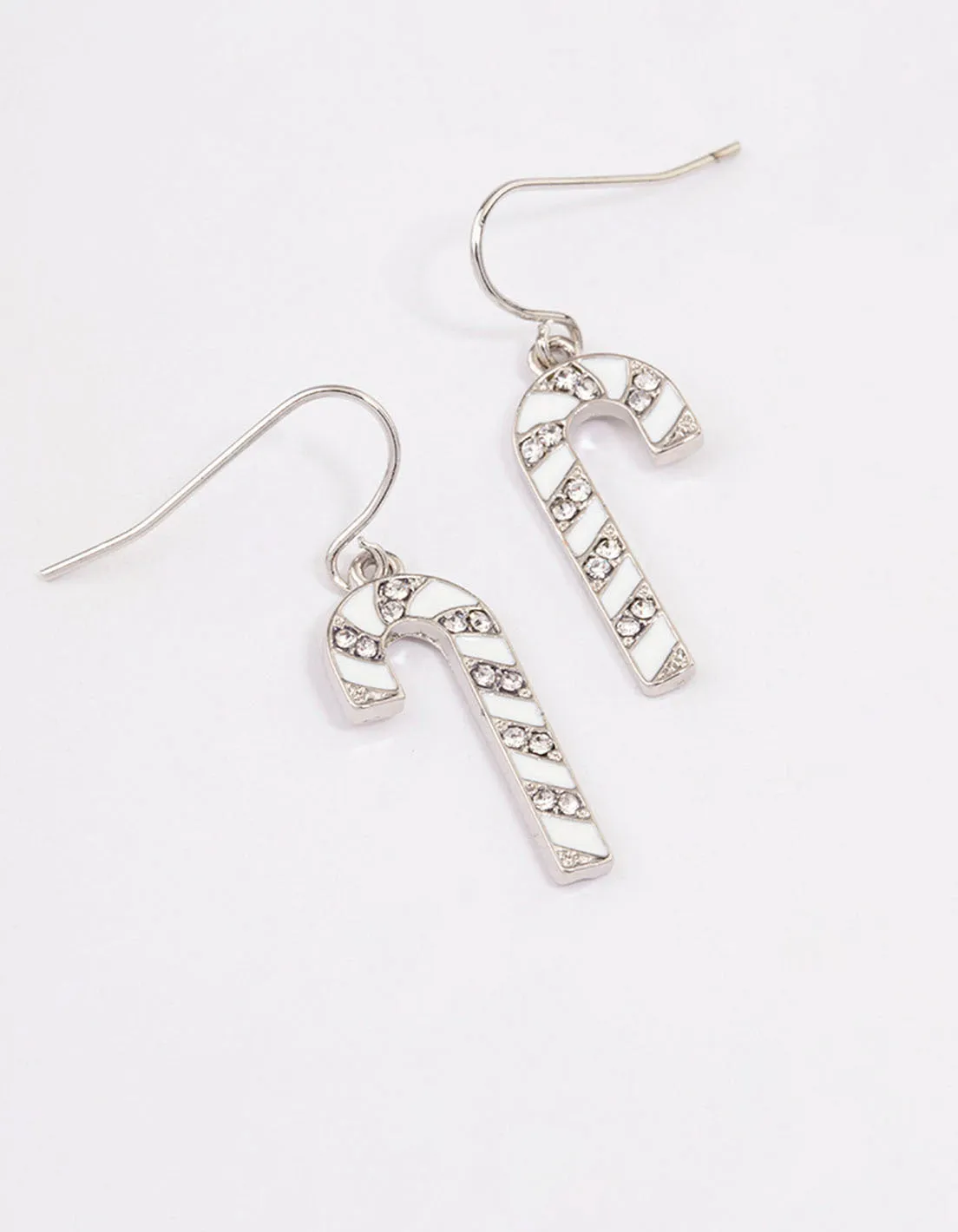 White & Diamante Christmas Candy Cane Drop Earrings