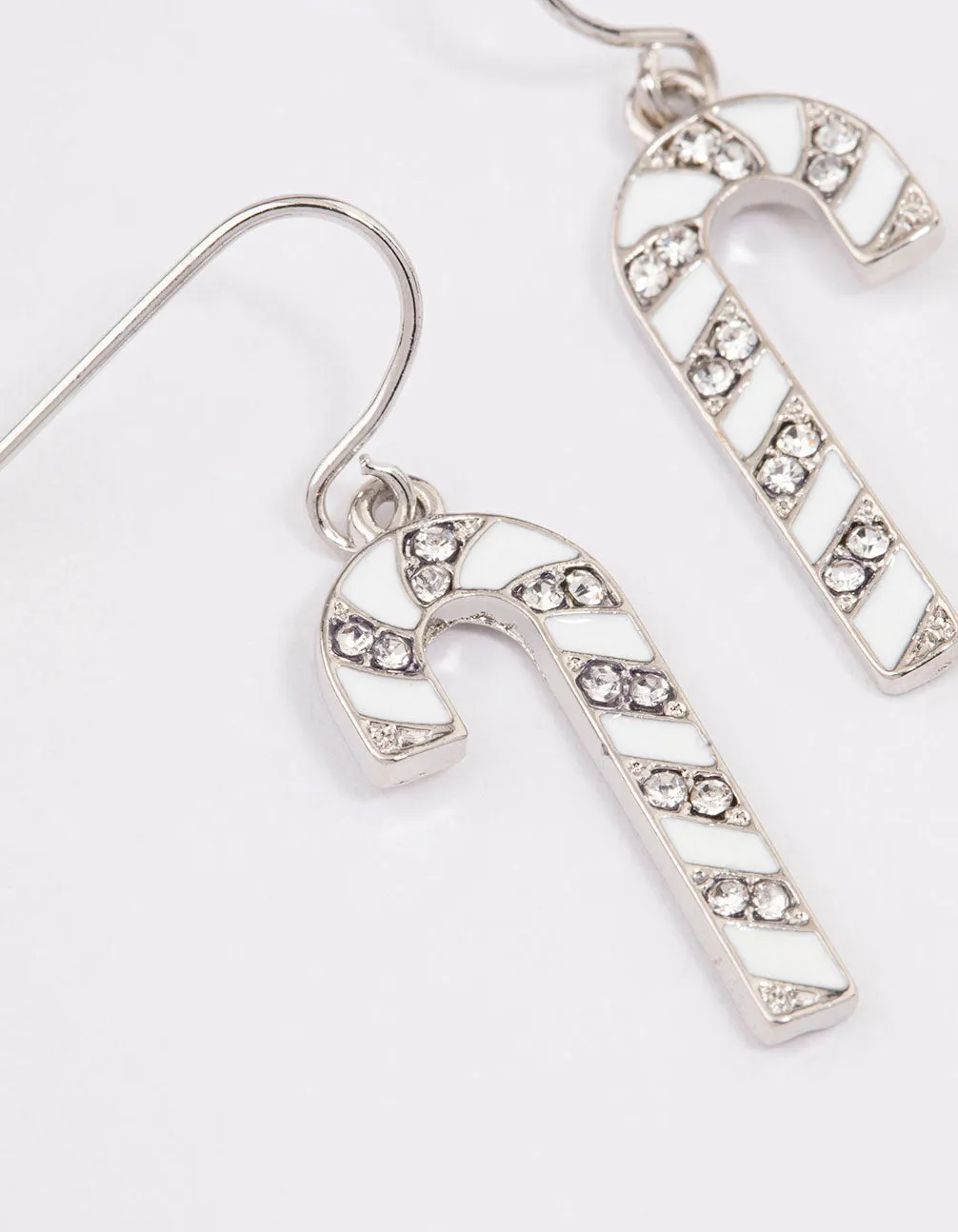 White & Diamante Christmas Candy Cane Drop Earrings