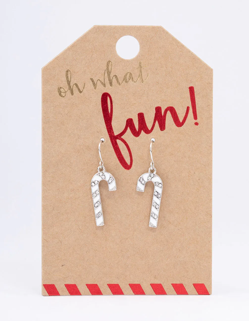 White & Diamante Christmas Candy Cane Drop Earrings