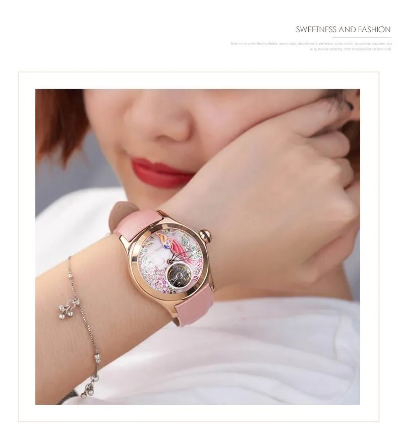 Women's Luxury Fashion Rose Gold Pink Dial Leather Strap Mechanical Watches