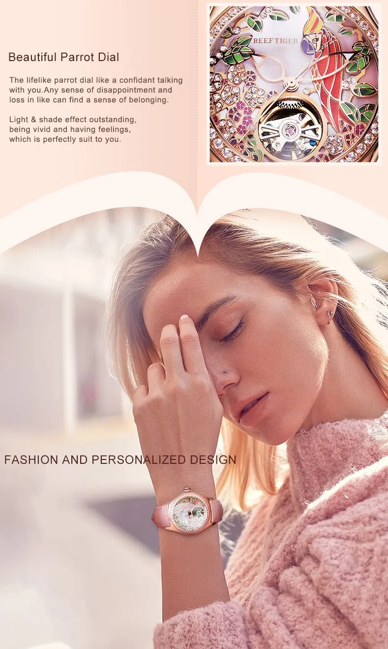 Women's Luxury Fashion Rose Gold Pink Dial Leather Strap Mechanical Watches