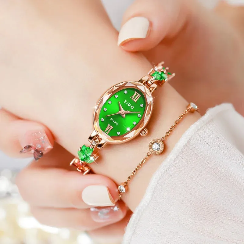 Women's Watch: Light Luxury Diamond Inlaid Clover Design, Waterproof Oval Ladies Fashion Quartz Bracelet Wristwatch