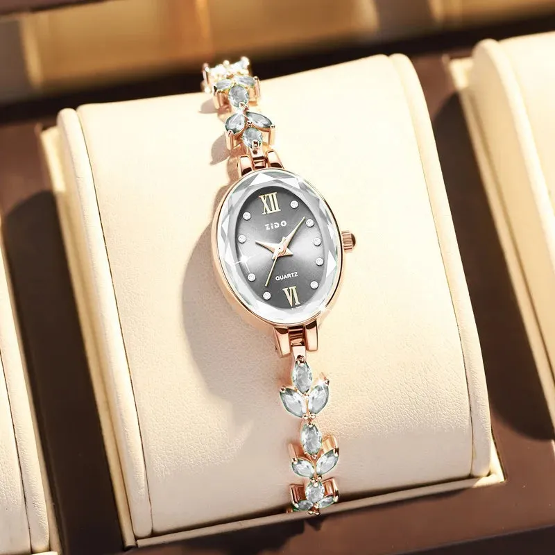 Women's Watch: Light Luxury Diamond Inlaid Clover Design, Waterproof Oval Ladies Fashion Quartz Bracelet Wristwatch