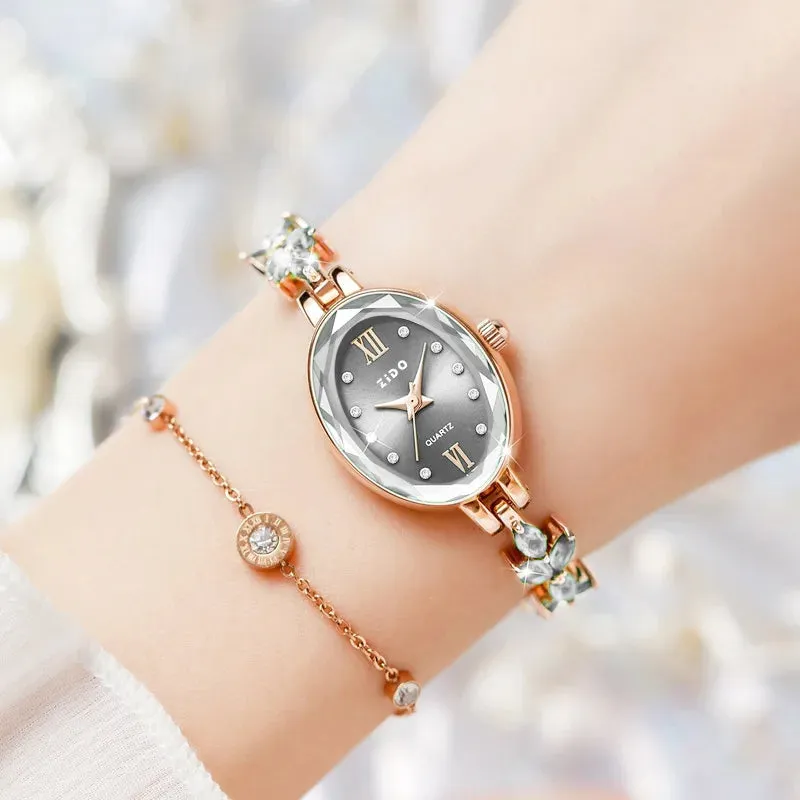 Women's Watch: Light Luxury Diamond Inlaid Clover Design, Waterproof Oval Ladies Fashion Quartz Bracelet Wristwatch