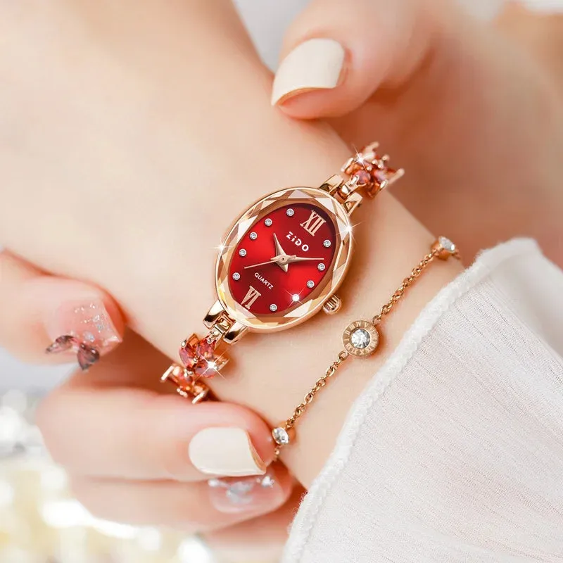 Women's Watch: Light Luxury Diamond Inlaid Clover Design, Waterproof Oval Ladies Fashion Quartz Bracelet Wristwatch